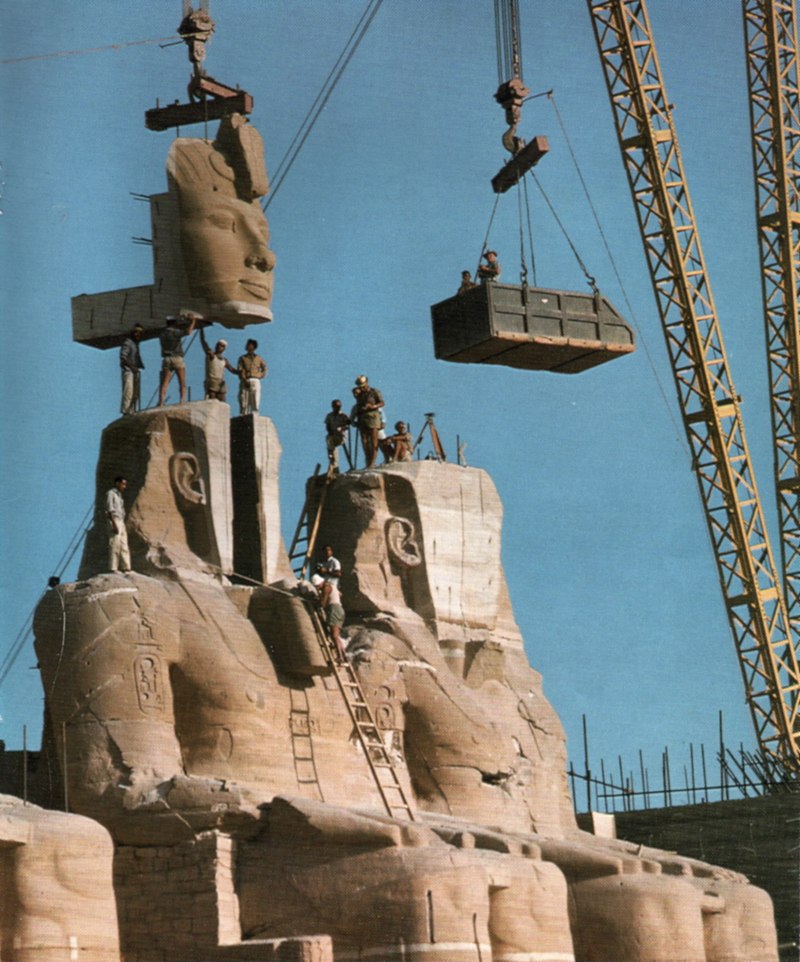 The statue of Ramses the Great at the Great Temple of Abu Simbel is reassembled after having been moved in 1967 to save it from flooding
