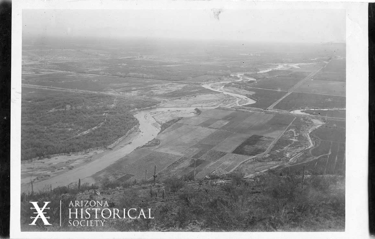 The Santa Cruz River flows north as seen from Sentinel Peak in Tucson in the early 1900's