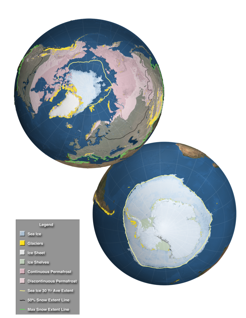 Extent of the regions affected by components of the cryosphere around the world from the IPCC Fifth Assessment Report