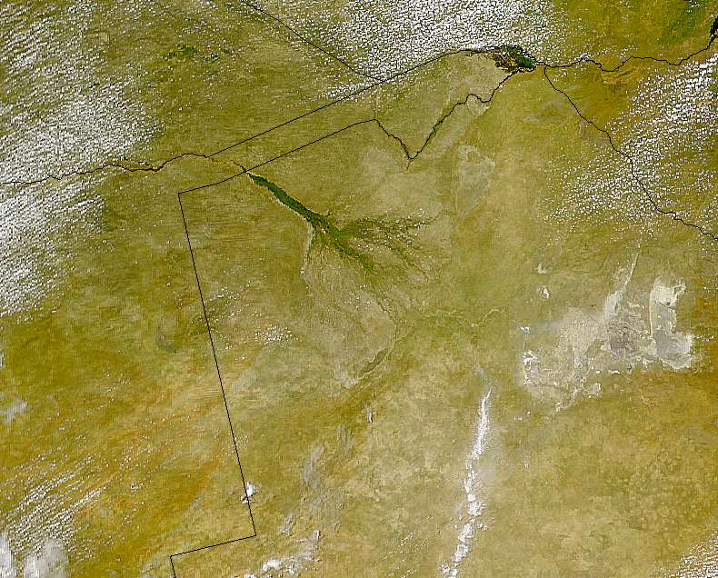 SeaWiFS satellite image of Okawango Delta, with national borders added