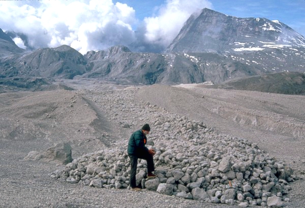 A geologist explores a pyroclastic flow from Mt. St. Helens
