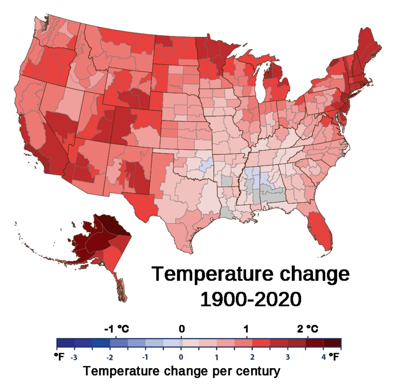 Temperature change in the U.S. between 1900 and 2020
